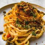 Linguine pasta with Sicilian pesto and fried capers on top