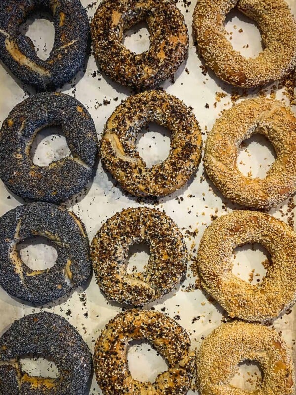 Bagels covered with sesame seeds, poppy seeds and everything bage.