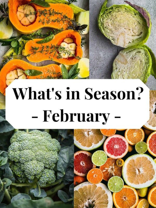 Squash, citrus, broccoli and cabbage in a collage image.