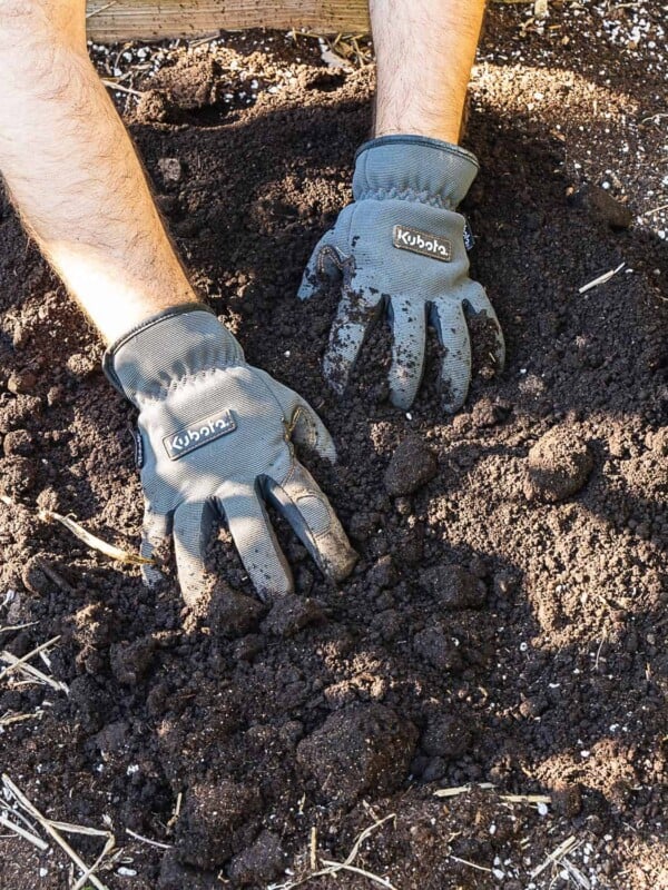 Mixing compost into a garden bed.