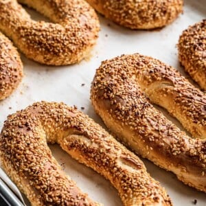 Jerusalem bagels, also known as kaak al quds, baked on a tray.