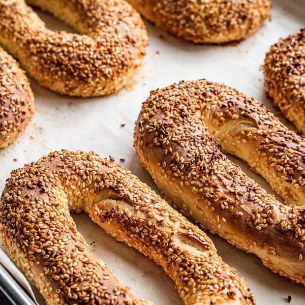 Jerusalem bagels, also known as kaak al quds, baked on a tray.