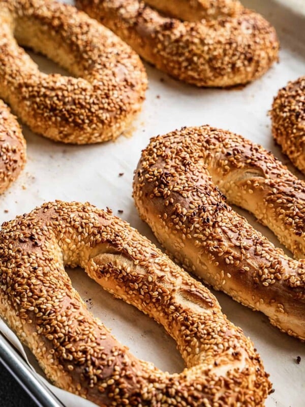 Jerusalem bagels, also known as kaak al quds, baked on a tray.