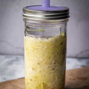 Mason jar with shredded cabbage.