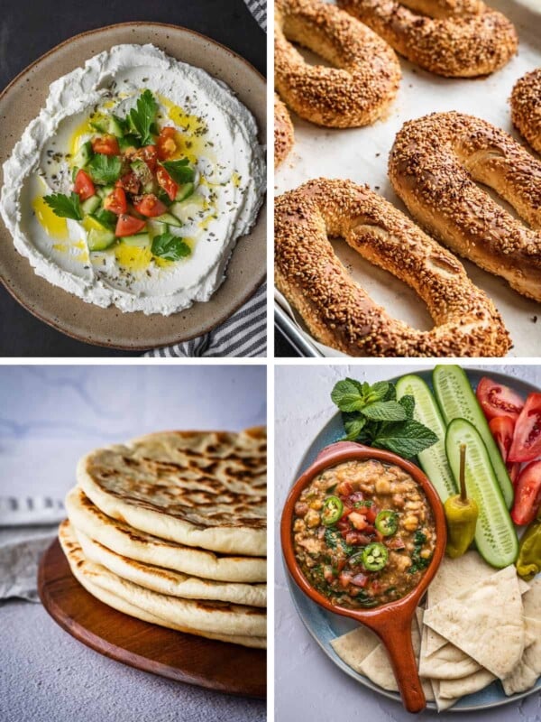 A collage of different breakfast items including labneh with vegetables, bagels, a stack of flatbread and stewed fava beans.