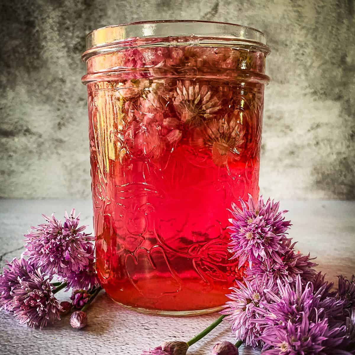 A mason jar with chive blossom vinegar.