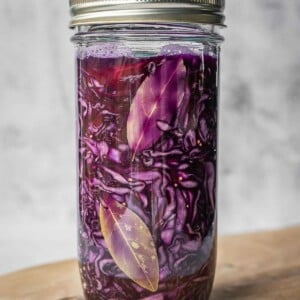 Mason jar with fermented red cabbage sauerkraut.