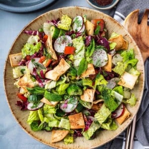 Chopped salad with lettuce, cucumbers and tomatoes in a bowl with crispy pita chips.