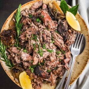 A plate with pulled lamb and herb garnish.