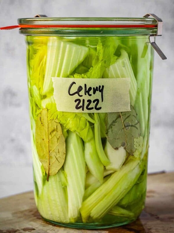 Fermented celery in a labeled Weck preservation jar.