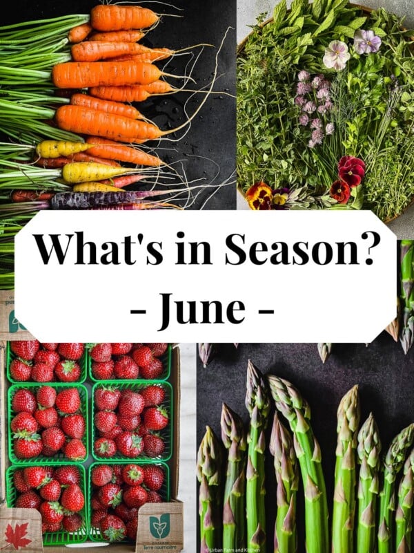 Collage depicting June produce including asparagus, herbs, strawberries and carrots.