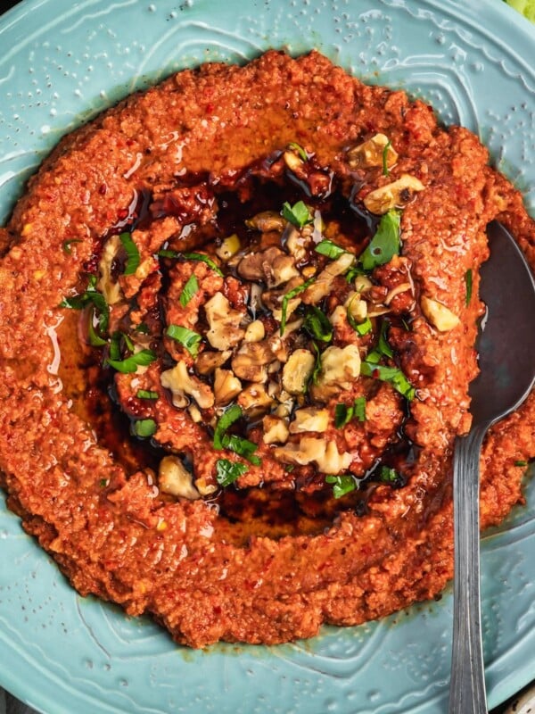 A bowl of muhammara dip garnished with walnuts, pomegranate molasses and parsley.