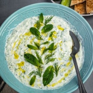 Tzatziki dip in a bowl garnished with mint, dill and a drizzle of olive oil with a side of pita and cucumber slices.