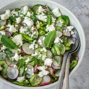 Cucumber radish salad in a bowl garnished with feta, fresh mint and dill.