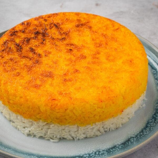 Tahdig Crispy Persian Rice on a platter.