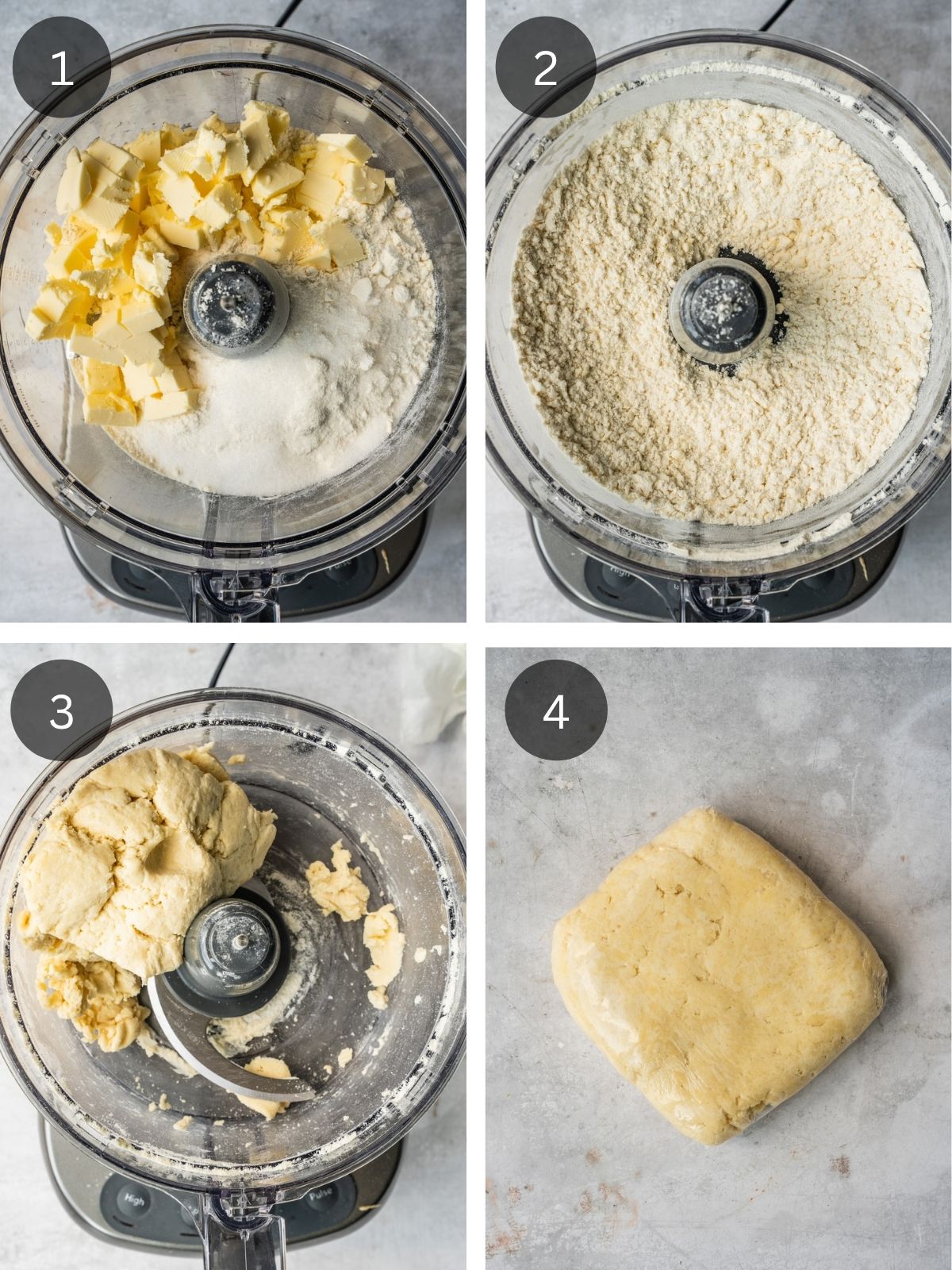 Recipe steps showing how the galette dough is blended in a food processor, first into a fine crumb mixture, then into a dough.