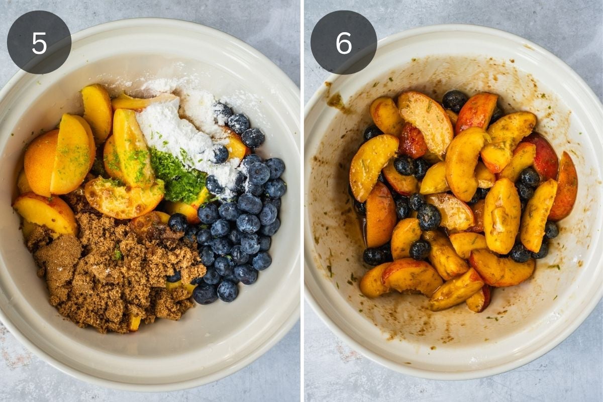 Recipe steps showing a bowl with the sliced peaches, blueberries, sugar, cornstarch and lime.