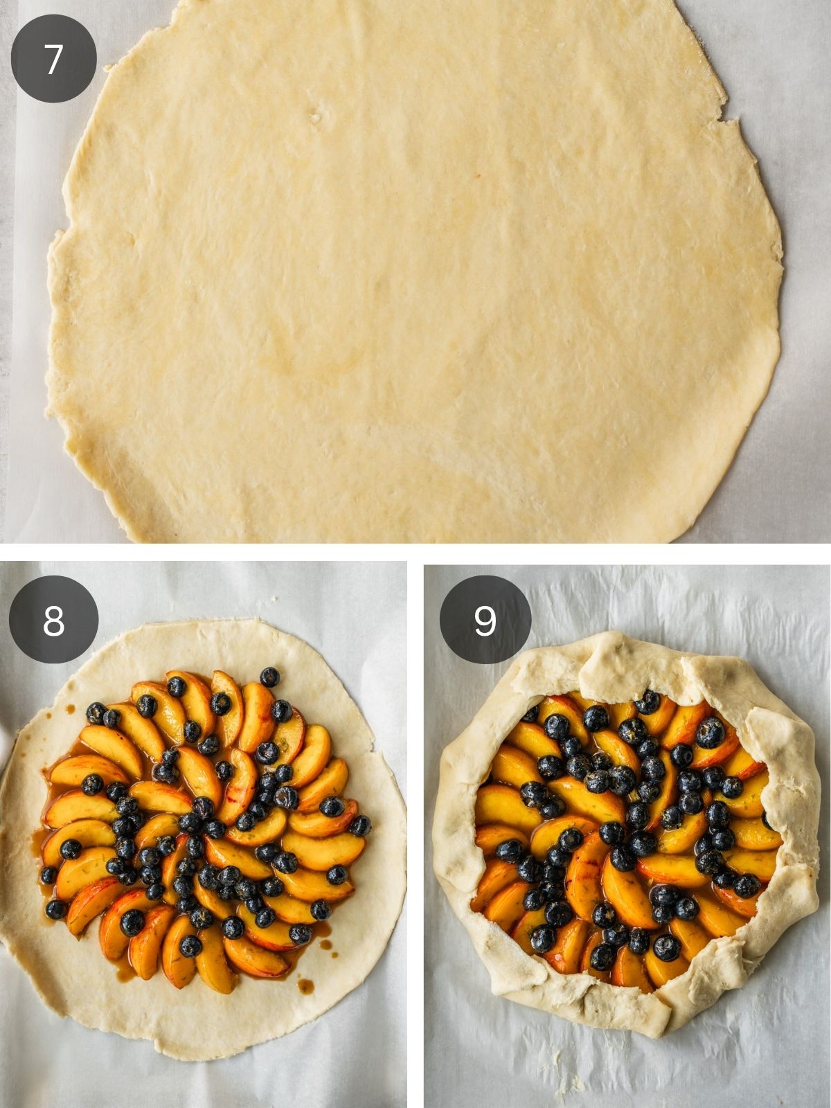 Recipe step showing the dough flattened into a disk, then dressed with the fruit mixture, and the edges crimped to form the classic galette shape.