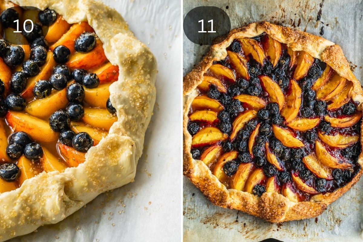 Recipe steps showing the egg wash and coarse sugar added to the crust and the final bake.