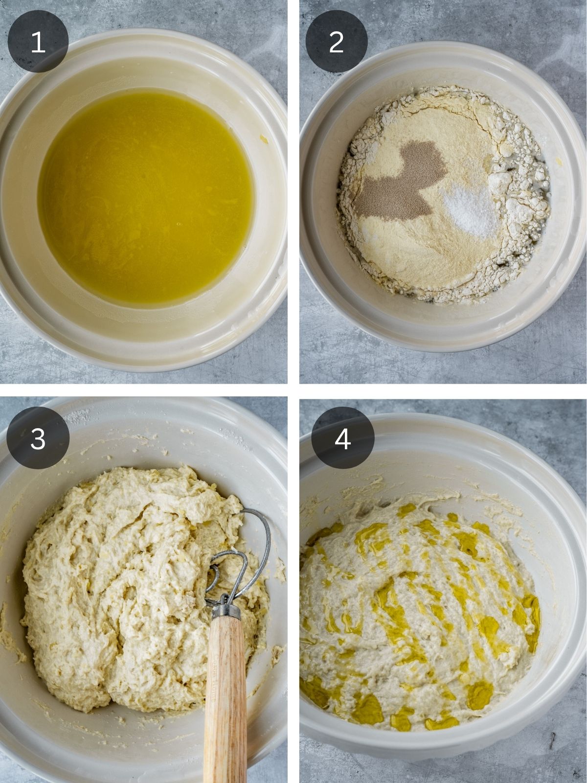 Recipe steps showing the mixing of the dough with a dough hook and then drizzling olive oil on the surface.