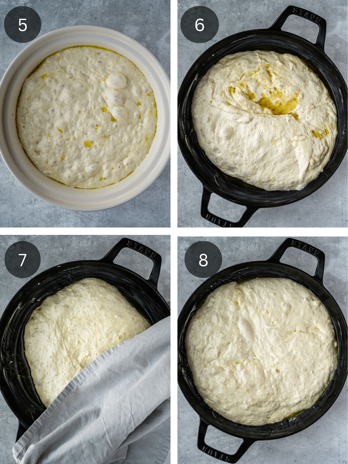 Recipe steps showing the risen dough, how it gets placed and formed in the round baking tray.