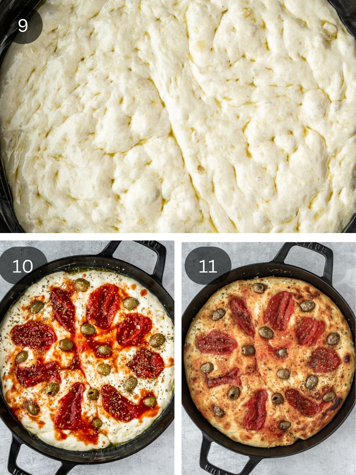 Focaccia Barese recipe steps showing the dimpling of the dough, the garnishing with tomatoes, olives, and oregano as well as the final bake out of the oven.