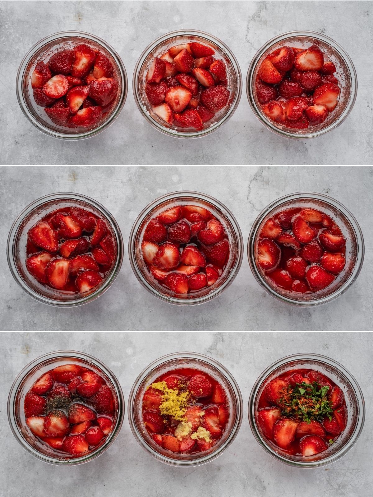 A collage image showing the progression of how the strawberries are macerated in sugar.