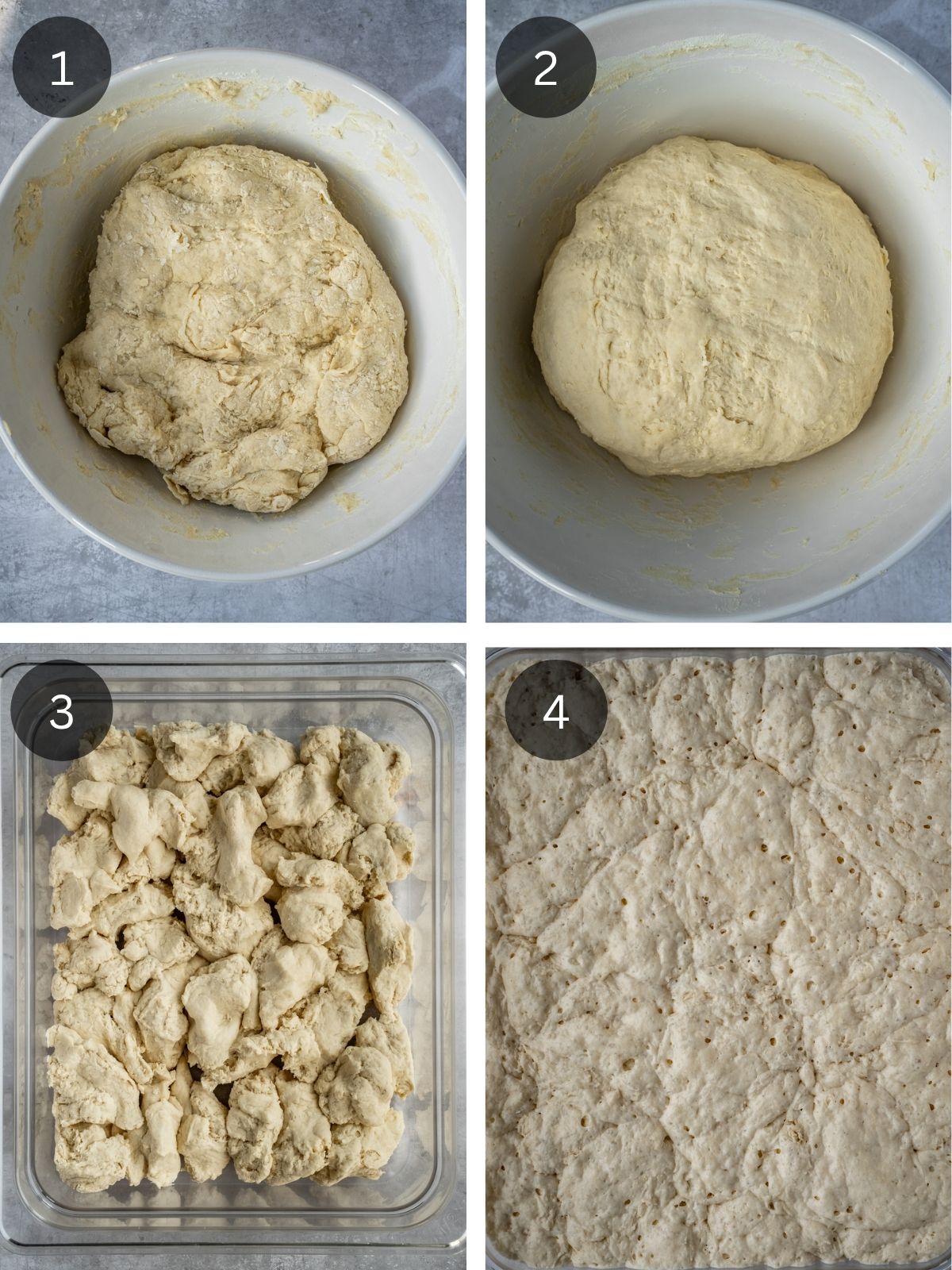 Recipe steps showing how the Biga preferent is made by mixing flour, water and yeast and then placing it in an airtight container to rise.