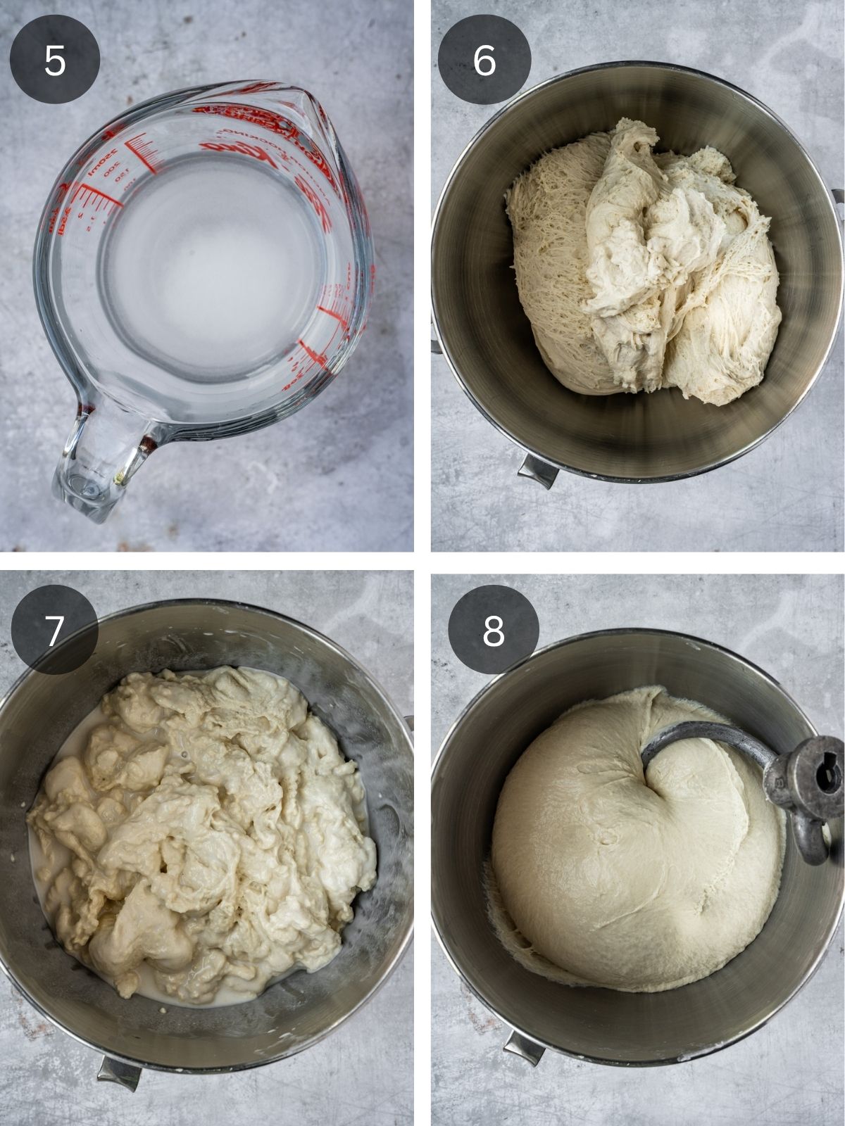 Recipe steps showing how salt water is added to the biga dough and then needed in a stand mixer until smooth.