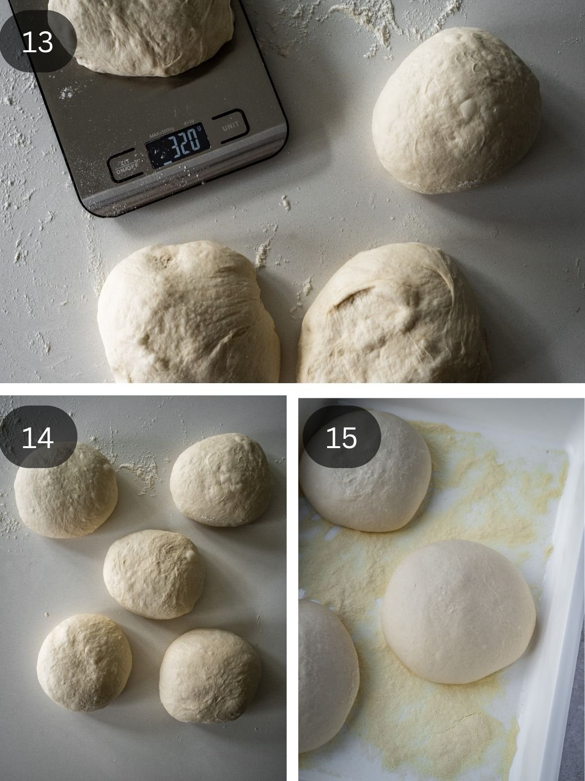 Recipe steps showing the portioning of dough into balls and then the final rise in a semolina flour dusted proofing box.
