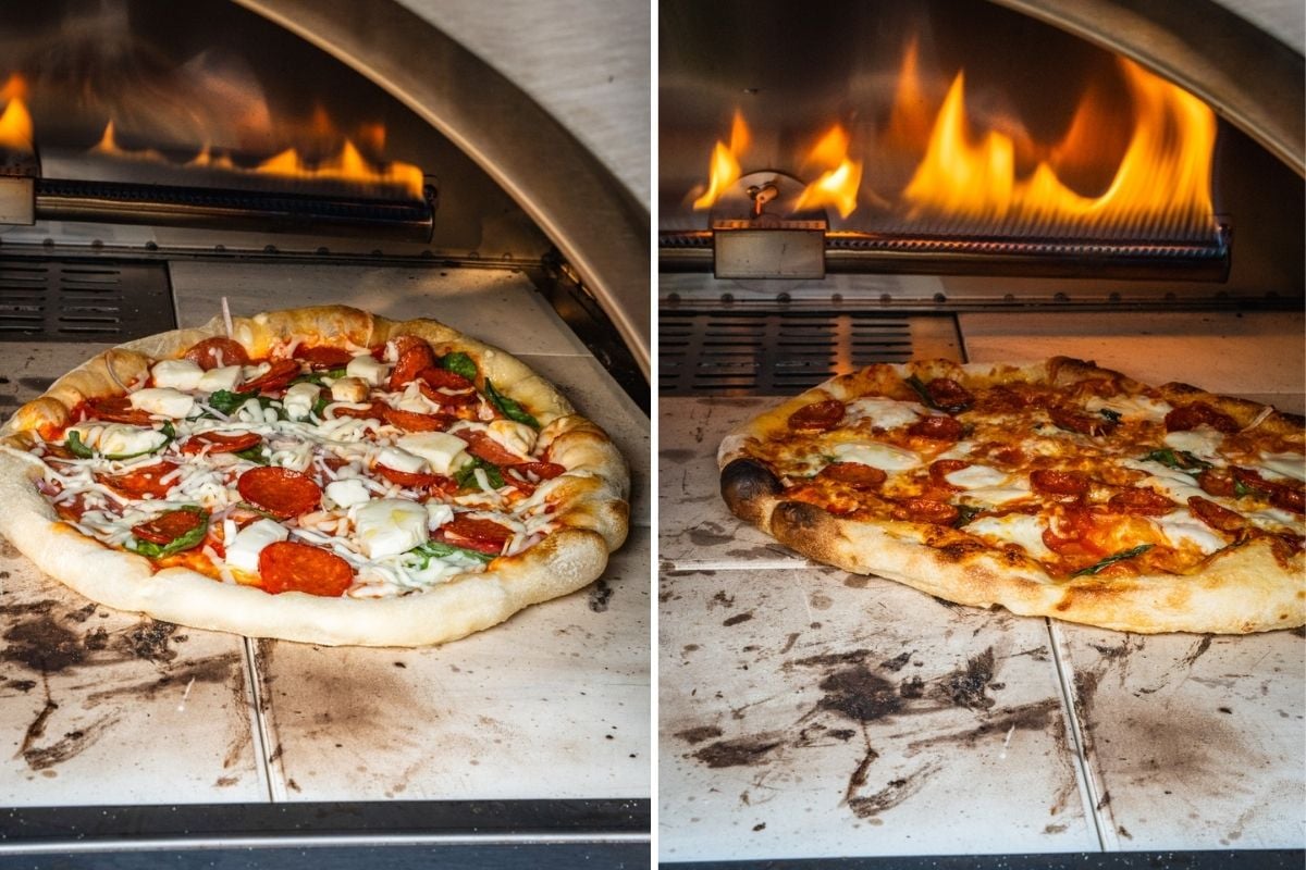 A side by side shot of pizza baking in a pizza oven.