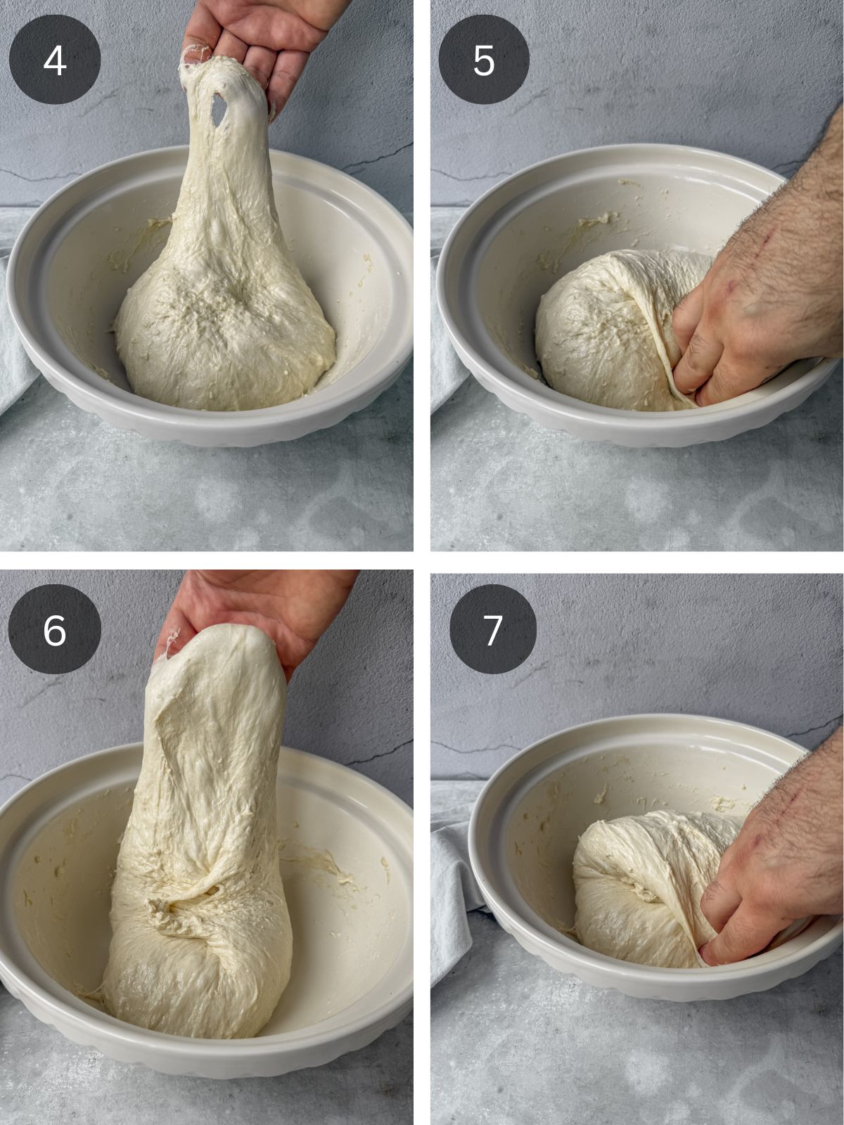 Recipe steps showing the stretching and folding technique where the dough is pinched, stretched up and folded back on itself then this process is repeated 3 times as the bowl turns 90 degrees.