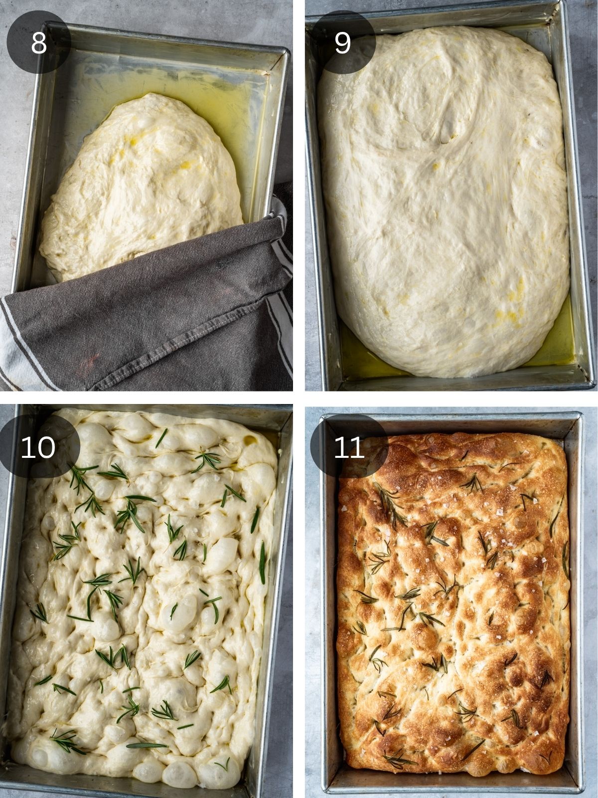 Recipe steps showing the dough in the baking pan, garnished and baked.