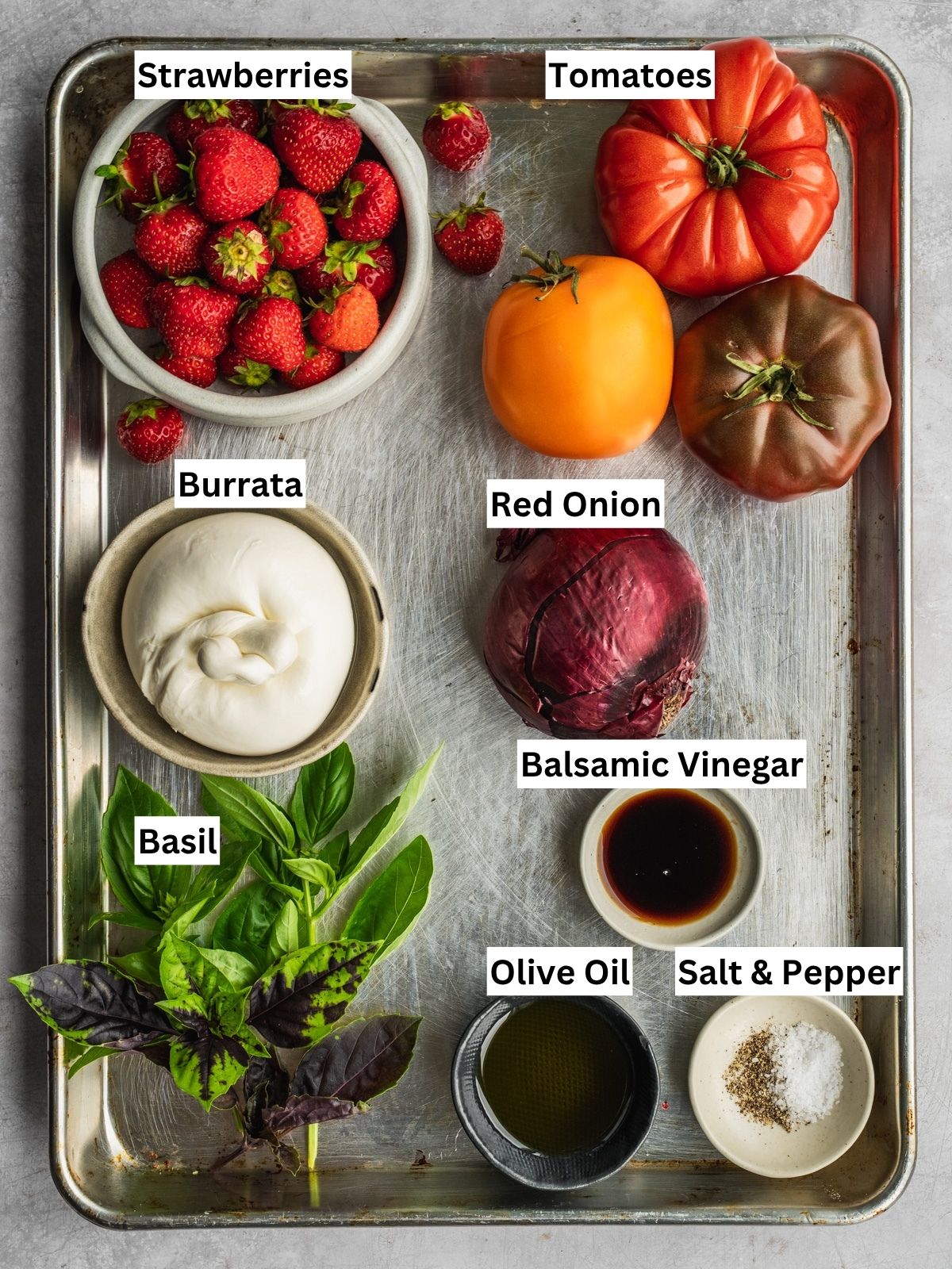 Strawberry Burrata Salad recipe ingredients with individual labels on a tray.