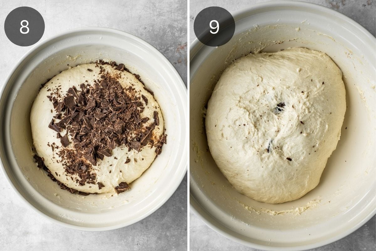 Recipe steps showing how the chocolate is added to the dough during the stretch and fold step.