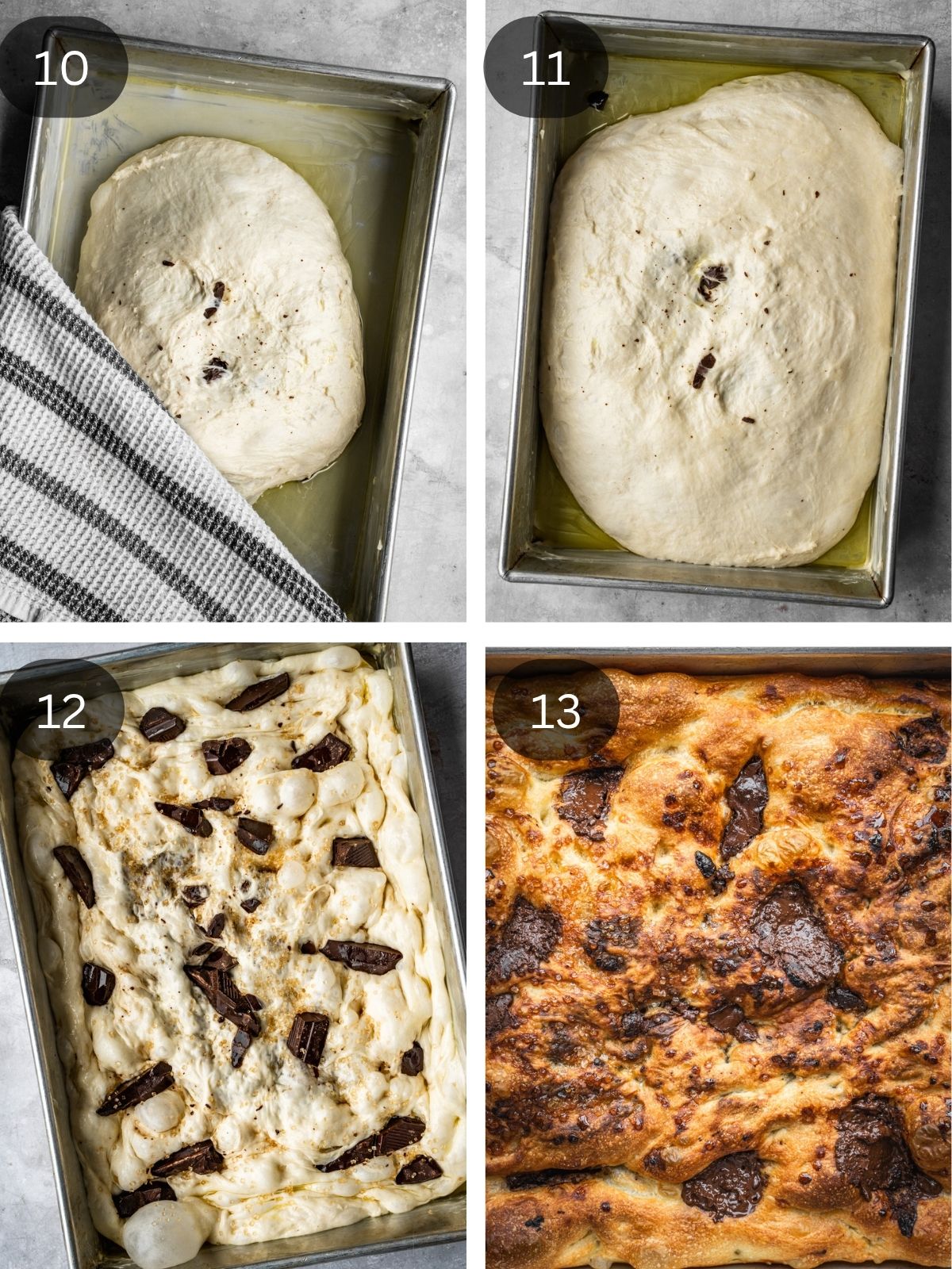 Recipe steps showing how the dough is placed in the baking pan, stretched, dimpled and baked.