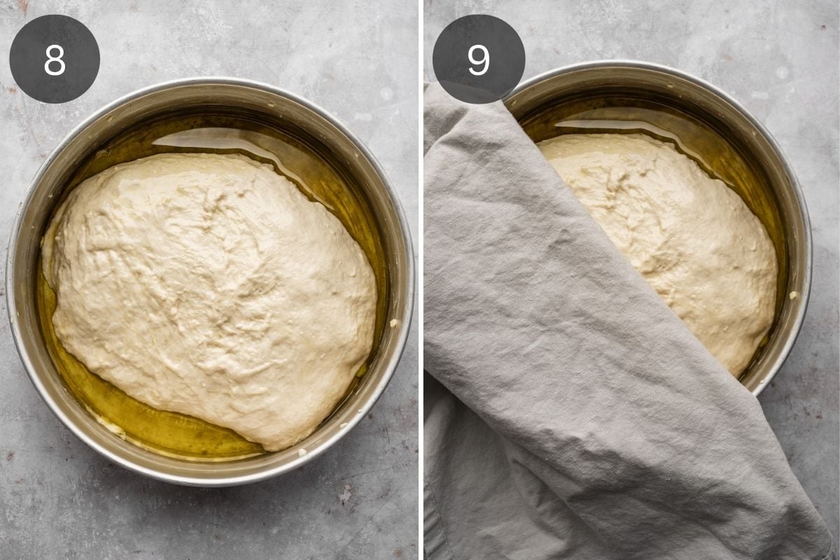 Recipe step showing the dough being placed in an oiled round baking pan.