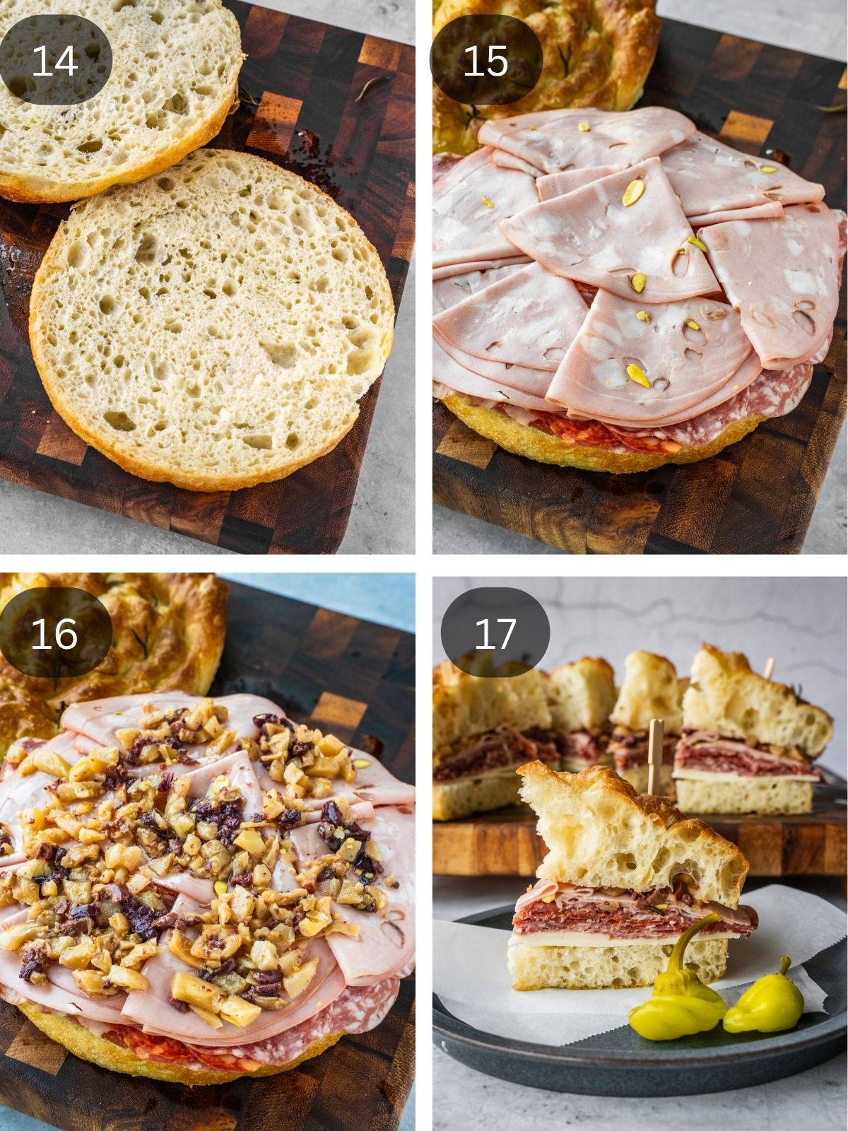 Recipe steps showing how the round focaccia bread is sliced, then layered with cheese and deli meats, then topped with the muffuletta mix and sliced.