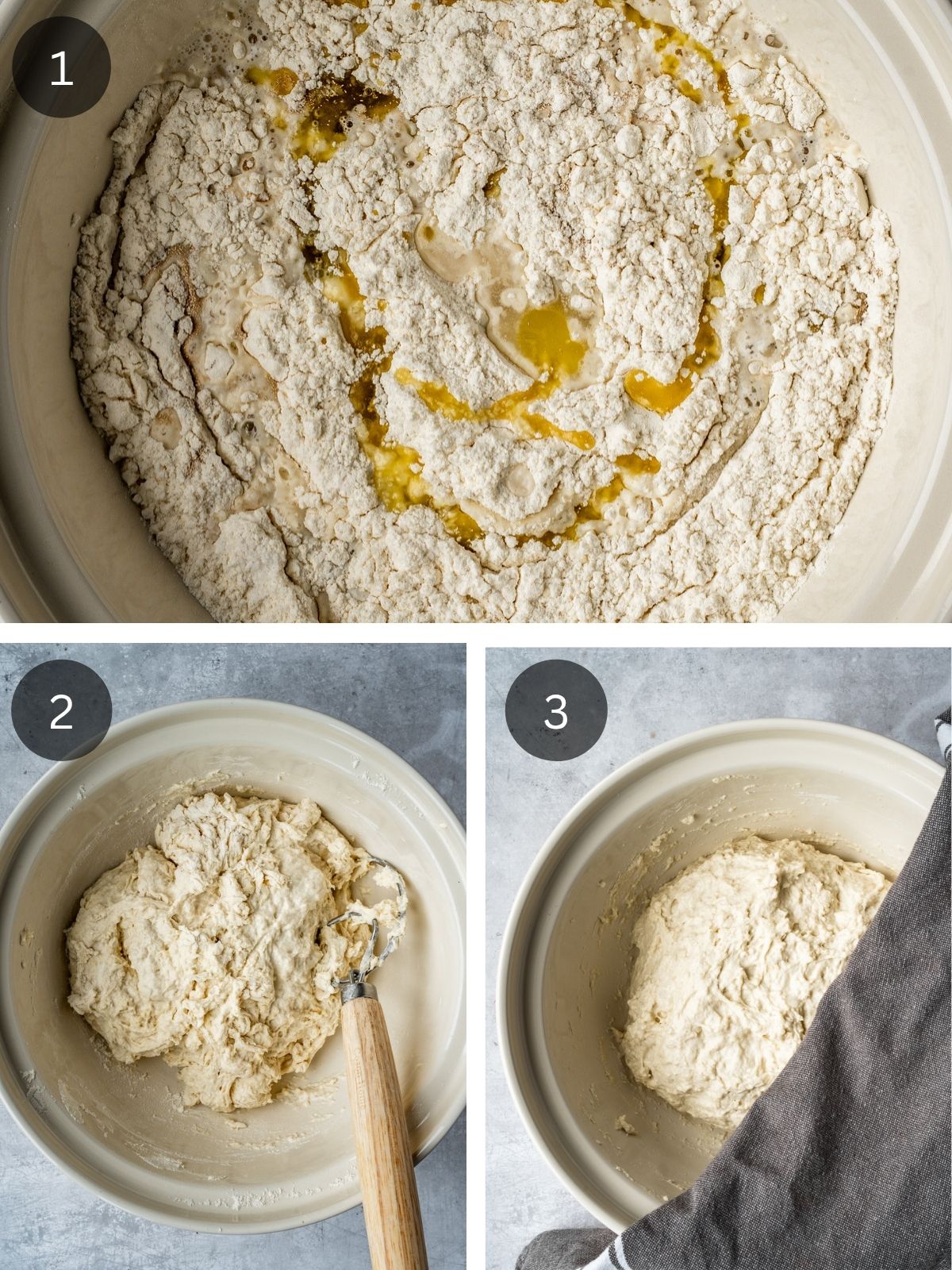 Recipe steps showing how the dough is mixed in a large bowl.