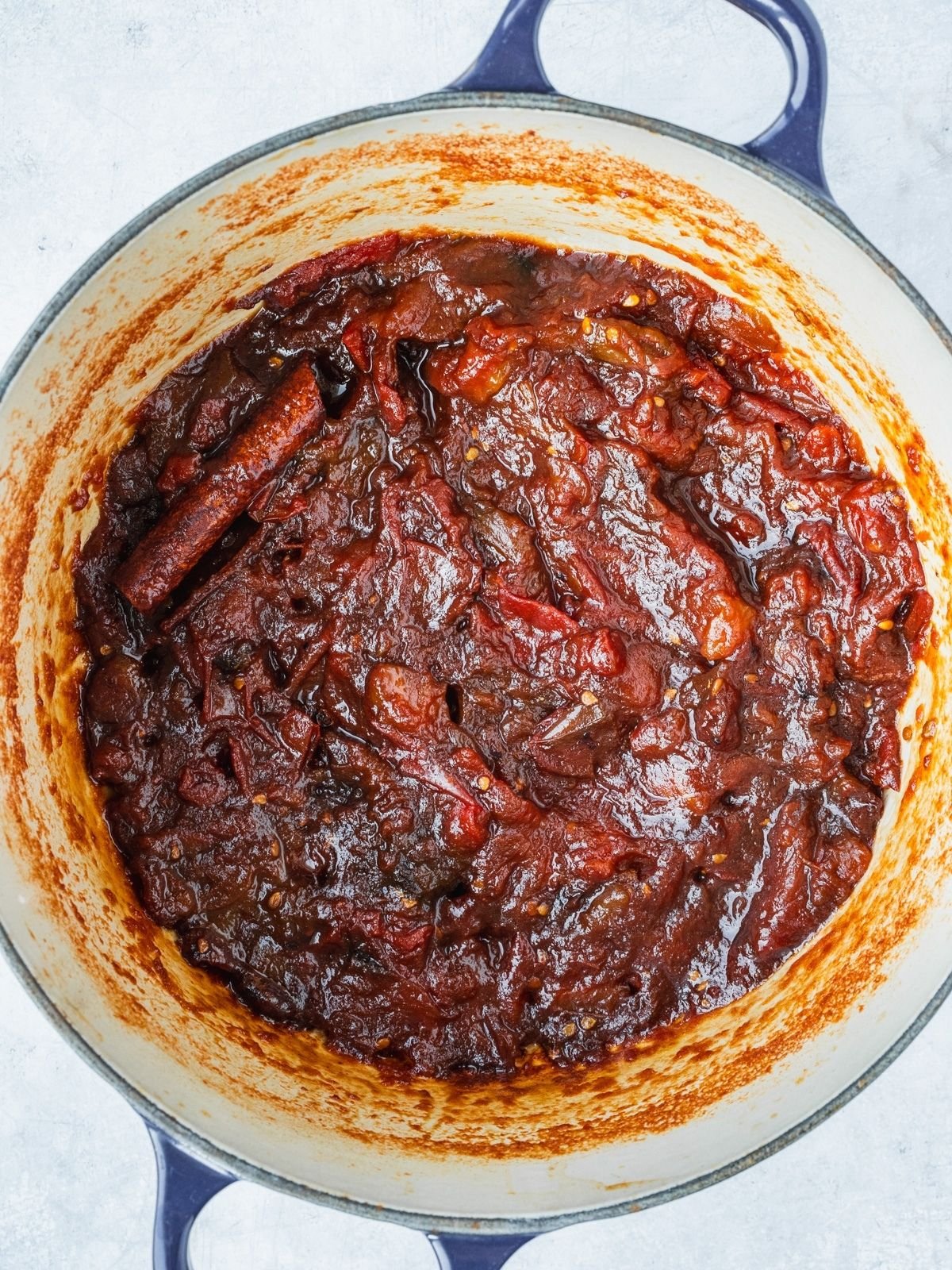 Pot with simmered down tomato jam.
