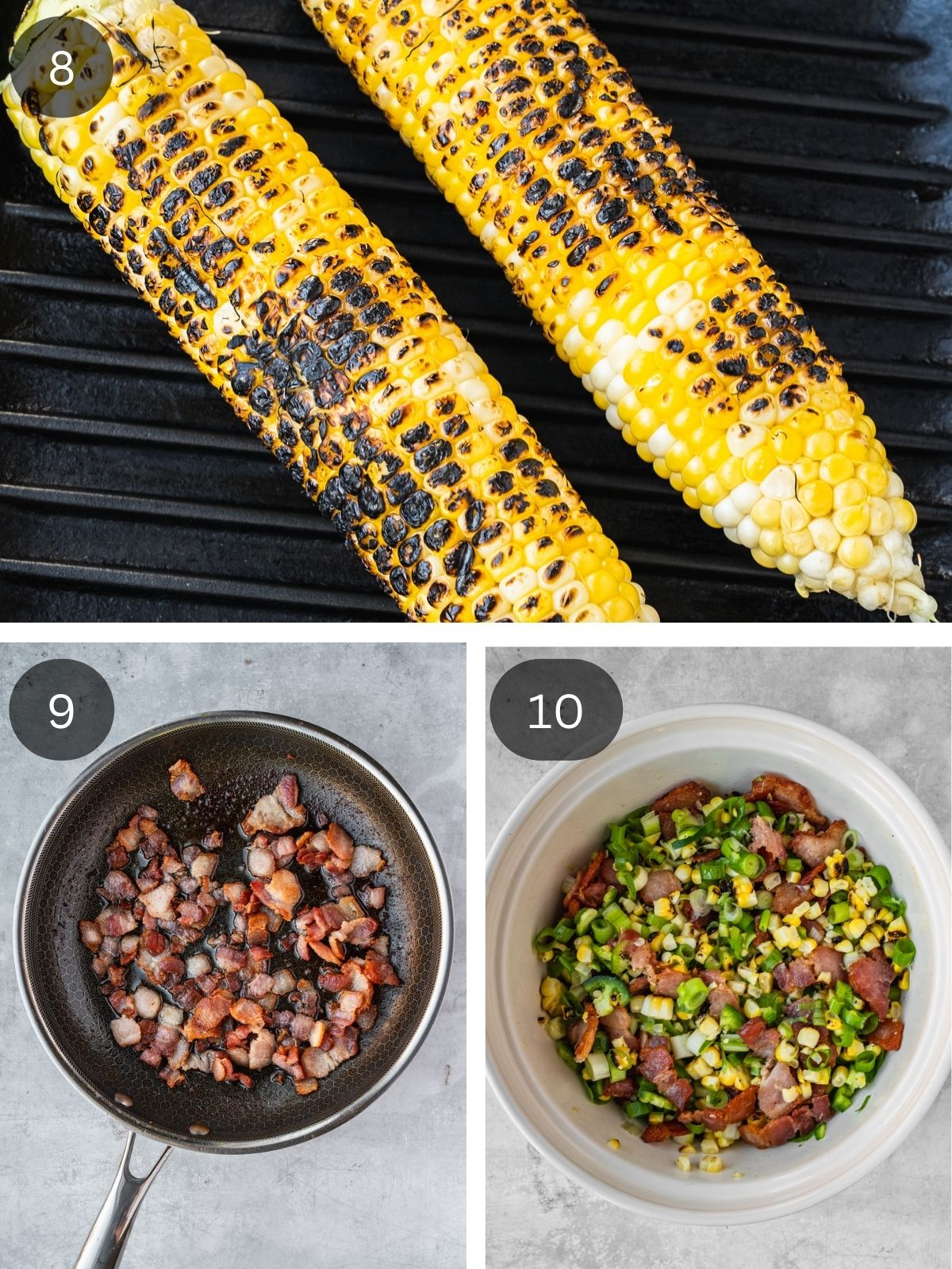Recipe steps showing the corn charring on a grill, the bacon getting cooked in a pan and the final mixture assembled in a bowl.