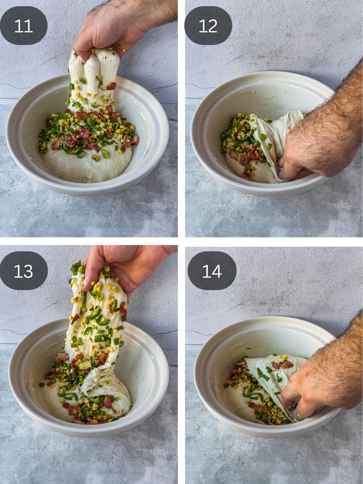 Recipe steps showing how the corn, jalapeno, onion and bacon are folded into the dough during a stretch and fold session.