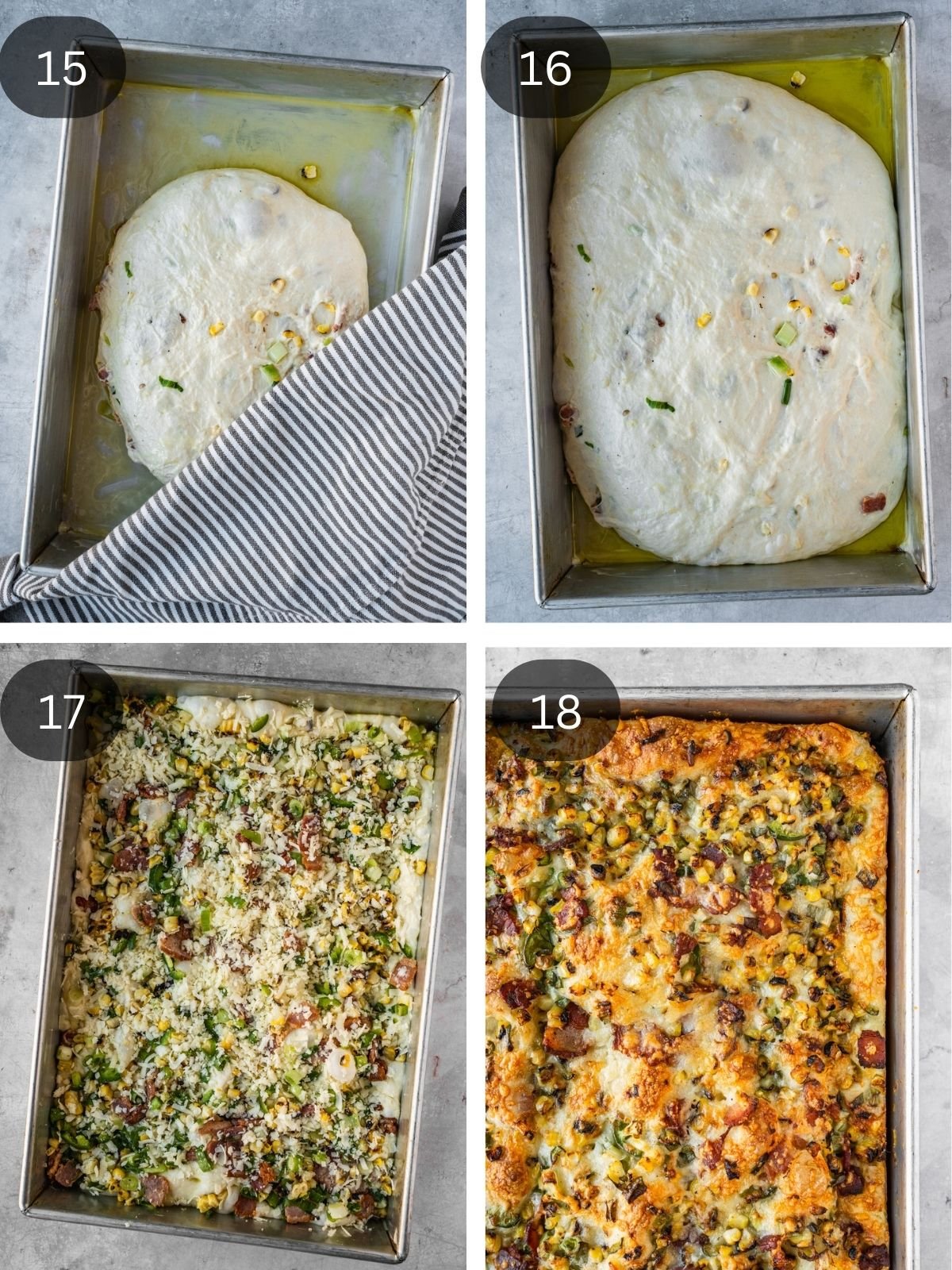 Recipe steps showing the resting and stretching of the final dough in the basking tray, as well as the topping and final bake.