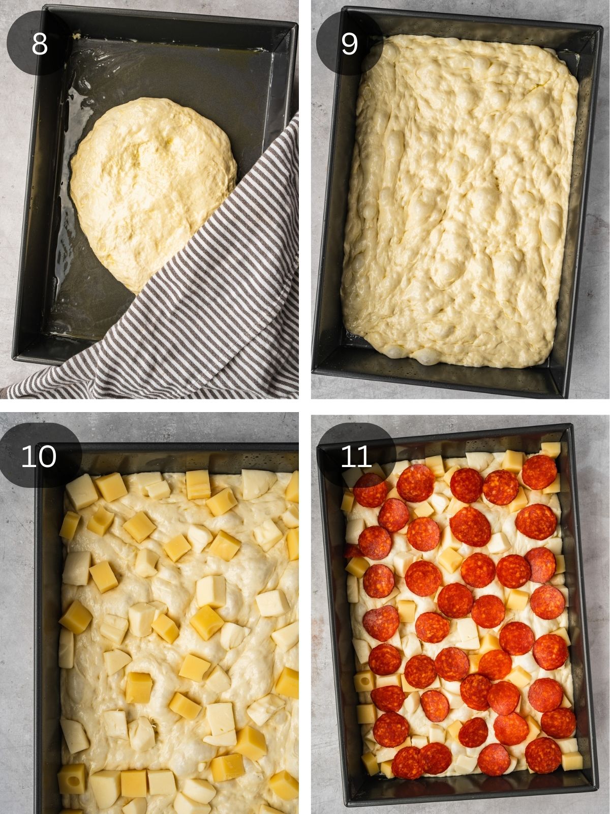 Recipe steps showing the dough resting and stretching in the pan, and then getting topped with cubed cheese going all the way to the edge of the pan followed by pepperoni cups.