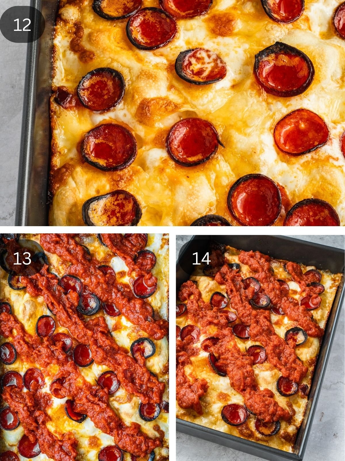 Recipe steps showing the par baking of the pie, thr addition of the sauce on top in a diagonal pattern and the final bake.