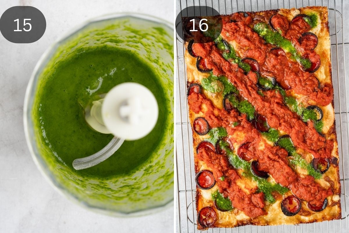 Recipe steps showing the making of the basil garlic oil and finishing the pizza with it.