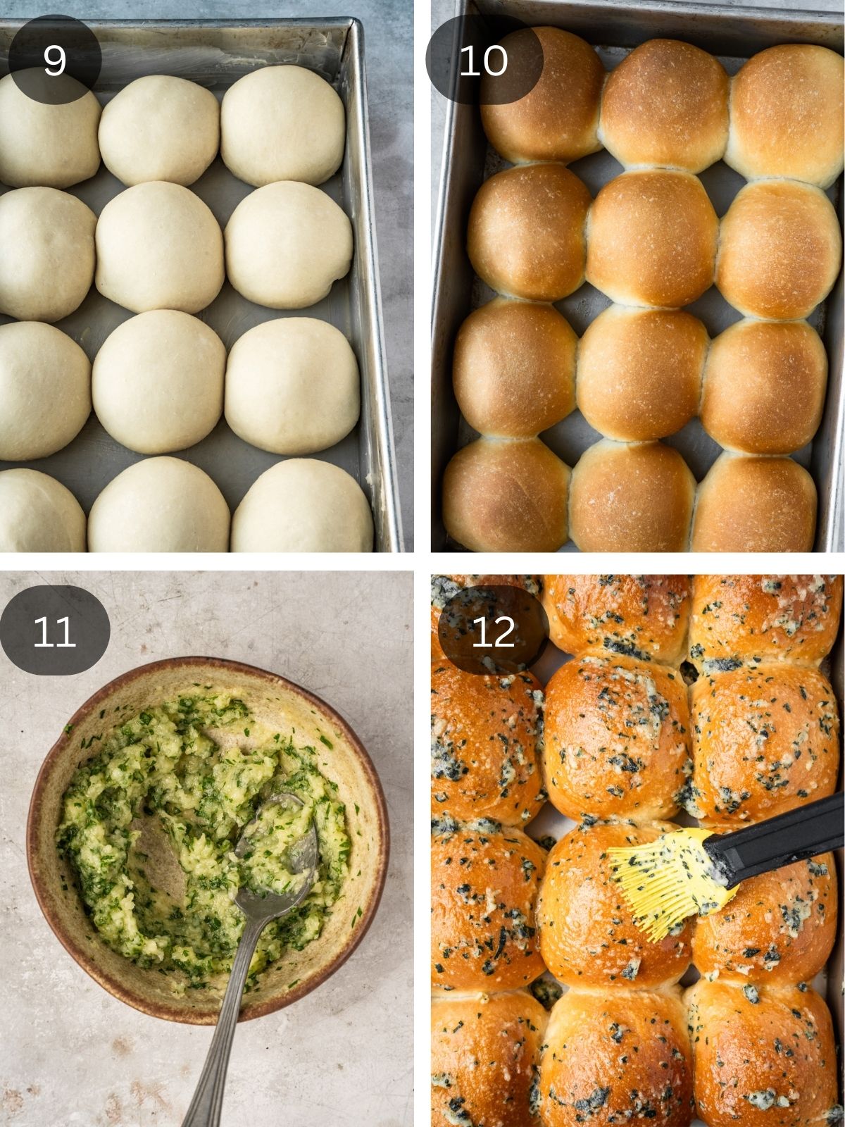 Recipe steps showing how the risen rolls are baked and buttered with the garlic parmesan spread.