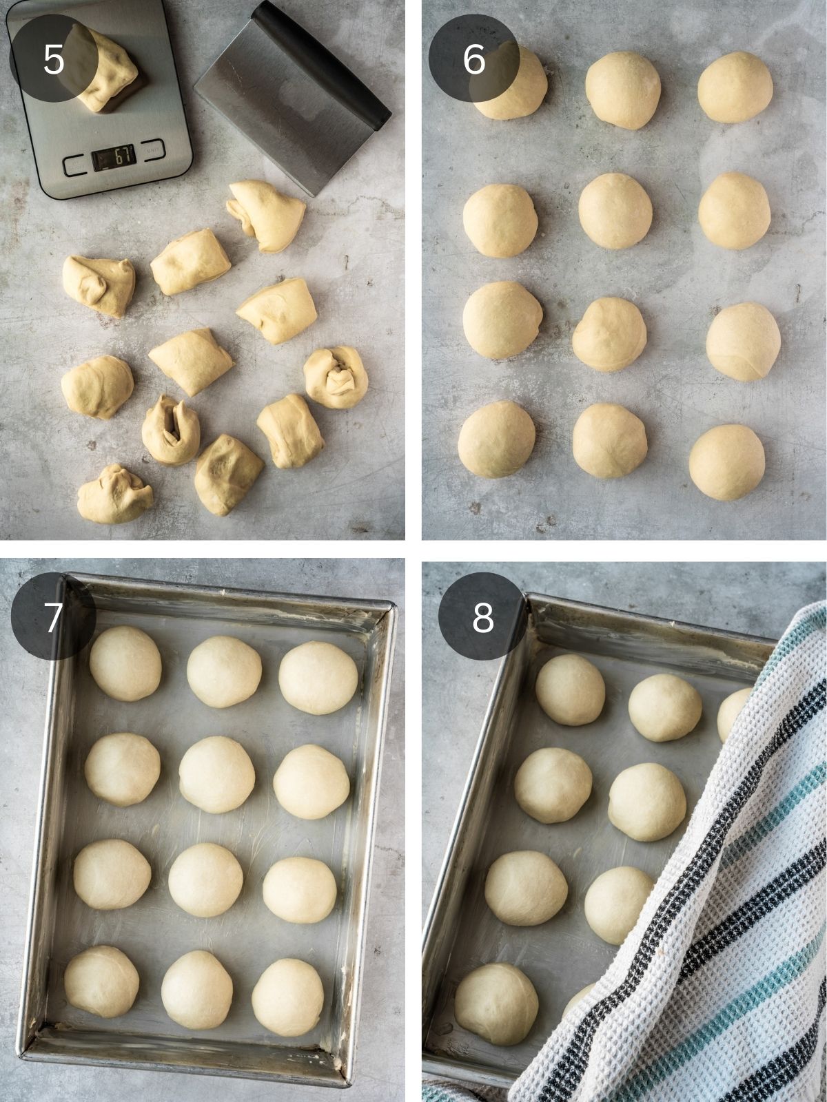 Recipe steps showing how the dough is divided into 12 equal pieces using a scale and then rolled into balls before the second rise.