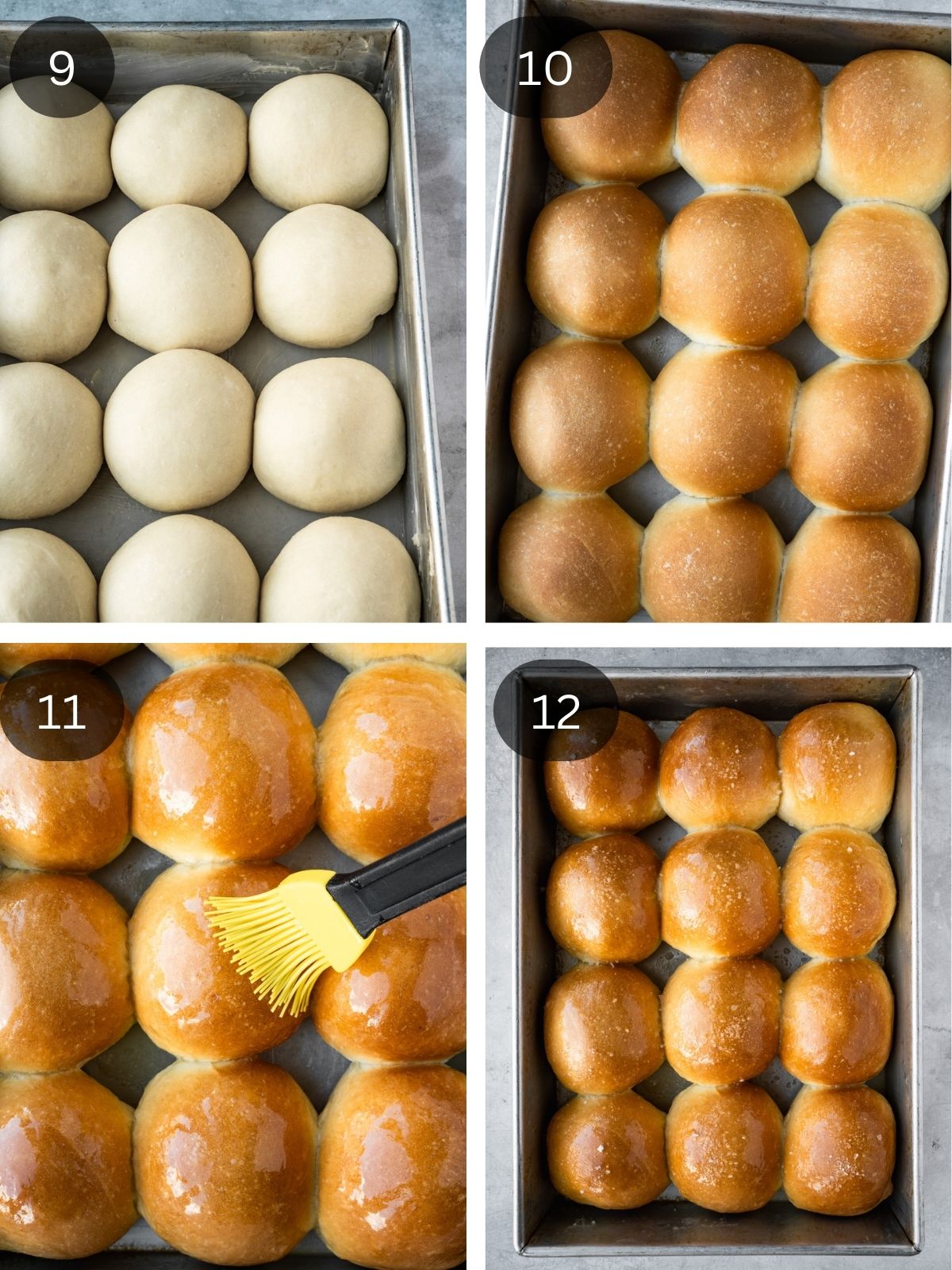 Recipe steps showing how the risen rolls are baked, buttered and served.