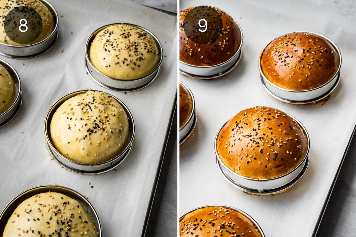 Recipe steps showing the dough brushed with egg wash and garnished with sesame seeds and the final bake.